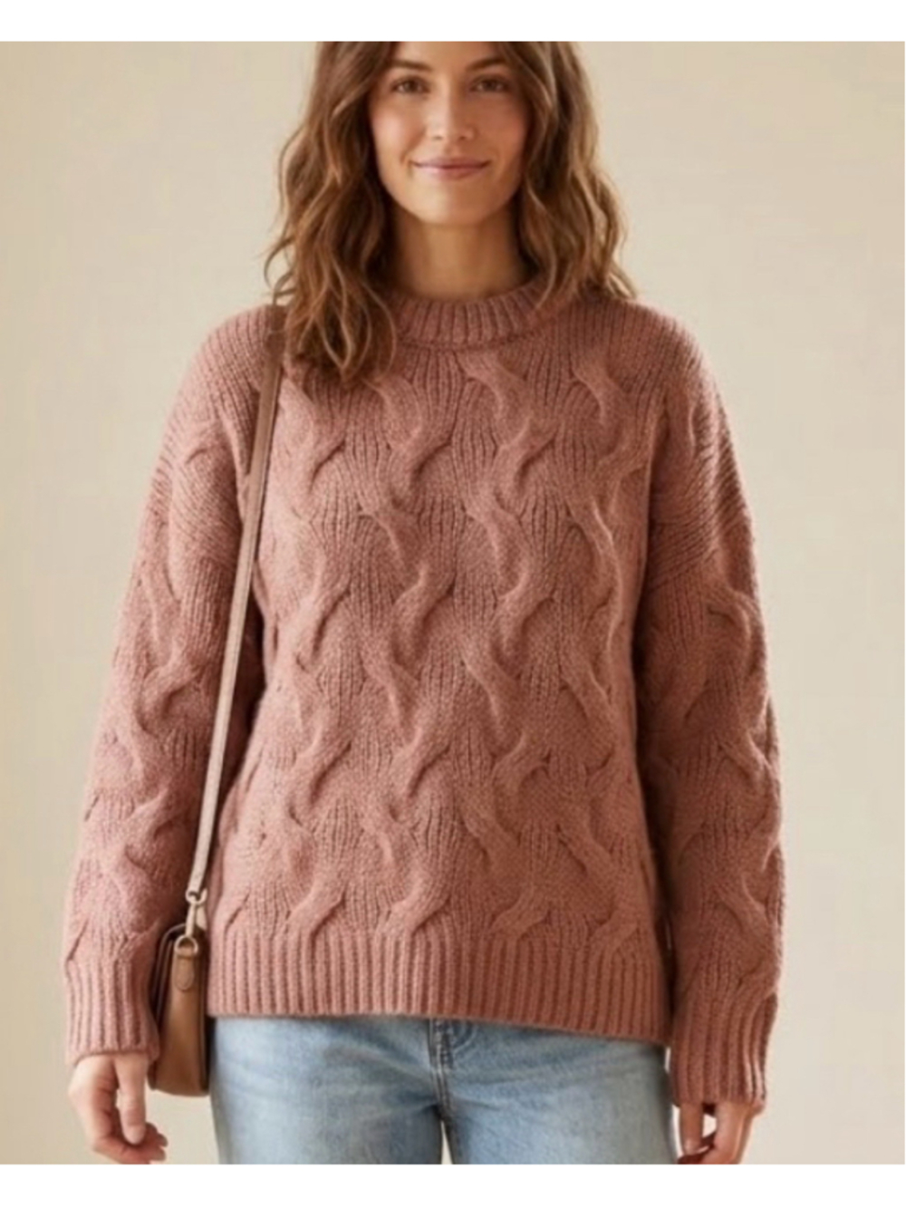 Cloth Mauve Rose Cable Knit Chunky Sweater Oversized Crew Neck Soft L 2119